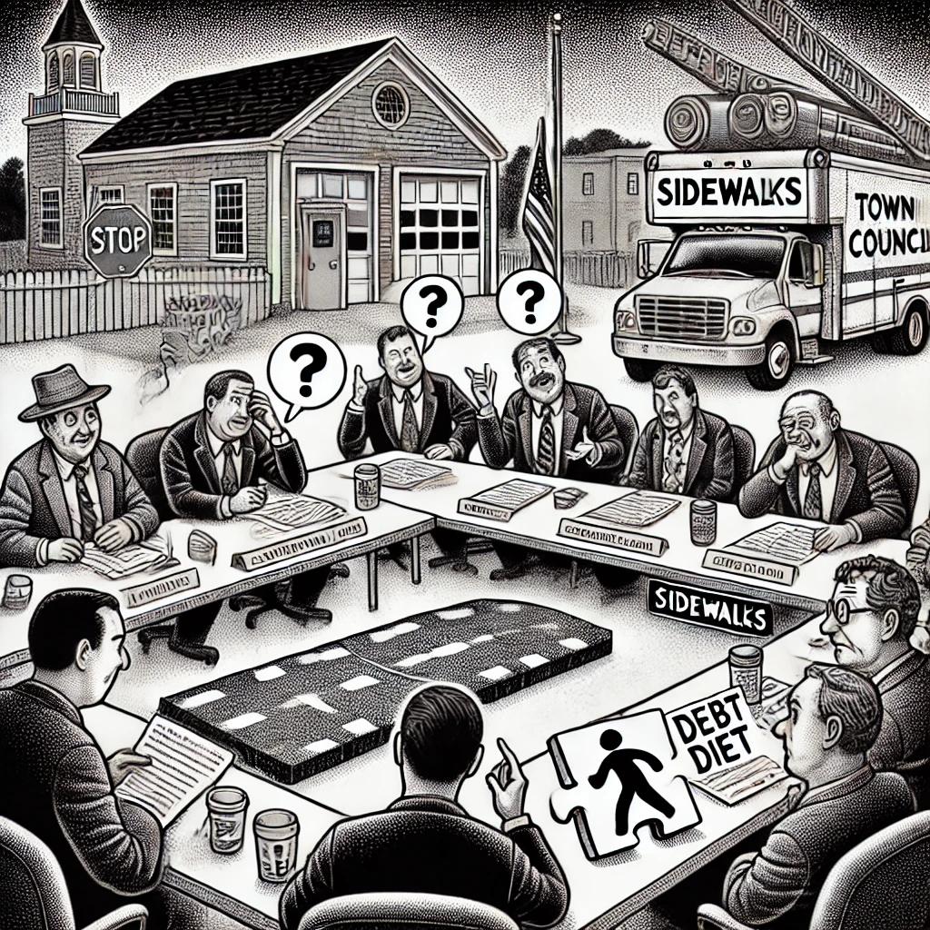 Stipple-style illustration of a town council meeting in a New England town, with council members discussing sidewalks represented as a puzzle, and a 'debt diet' sign visible in the background