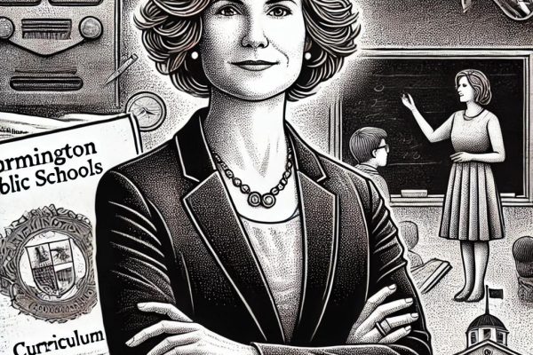 black and white stipple illustration of a female school administrator standing confidently in front of educational symbols like books, chalkboards, and documents. The names "Veronica Ruzek" and "Farmington Public Schools" are written in a stylized script.