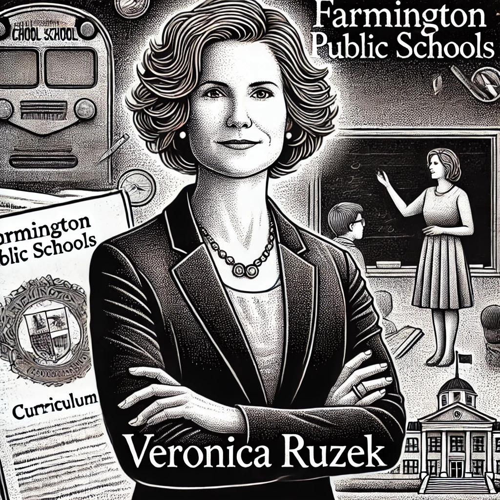 black and white stipple illustration of a female school administrator standing confidently in front of educational symbols like books, chalkboards, and documents. The names "Veronica Ruzek" and "Farmington Public Schools" are written in a stylized script.