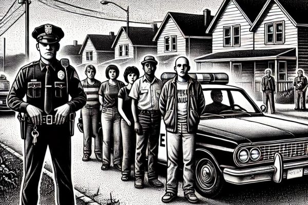 A black and white stipple-style illustration showing a police officer standing next to a police car with flashing lights. In front of the officer, several individuals stand in a lineup, expressing a range of emotions from surprise to defiance. The background features a suburban street with houses and trees, adding a calm contrast to the tense scene.