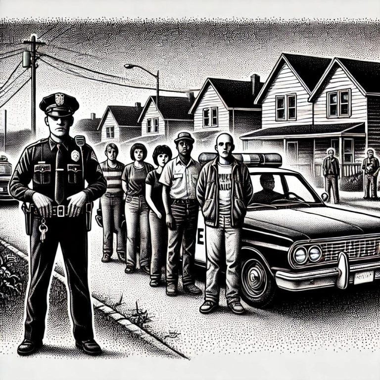 A black and white stipple-style illustration showing a police officer standing next to a police car with flashing lights. In front of the officer, several individuals stand in a lineup, expressing a range of emotions from surprise to defiance. The background features a suburban street with houses and trees, adding a calm contrast to the tense scene.