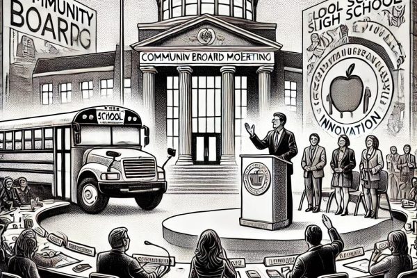 A detailed black-and-white stipple illustration of a community board meeting. A speaker stands at a podium addressing an attentive audience, with symbolic elements like a school bus, students, and a modern school building in the background. The scene represents local government, education, and community engagement.