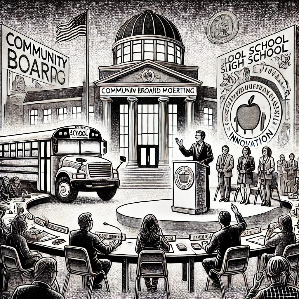 A detailed black-and-white stipple illustration of a community board meeting. A speaker stands at a podium addressing an attentive audience, with symbolic elements like a school bus, students, and a modern school building in the background. The scene represents local government, education, and community engagement.