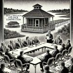 A black and white stipple-style illustration of a town commission meeting discussing pavilion and deck construction, with wetlands visible in the background through a window.