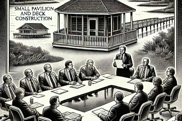 A black and white stipple-style illustration of a town commission meeting discussing pavilion and deck construction, with wetlands visible in the background through a window.