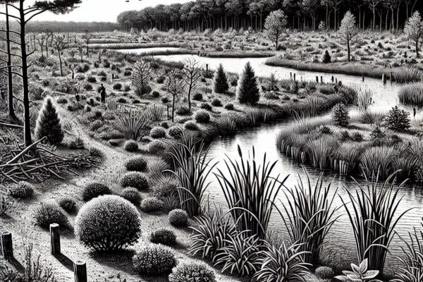 A black and white stipple illustration depicting a wetlands restoration scene. In the foreground, newly planted shrubs and native plants surround a partially restored wetland, with invasive plants like Phragmites in the background near a pond.