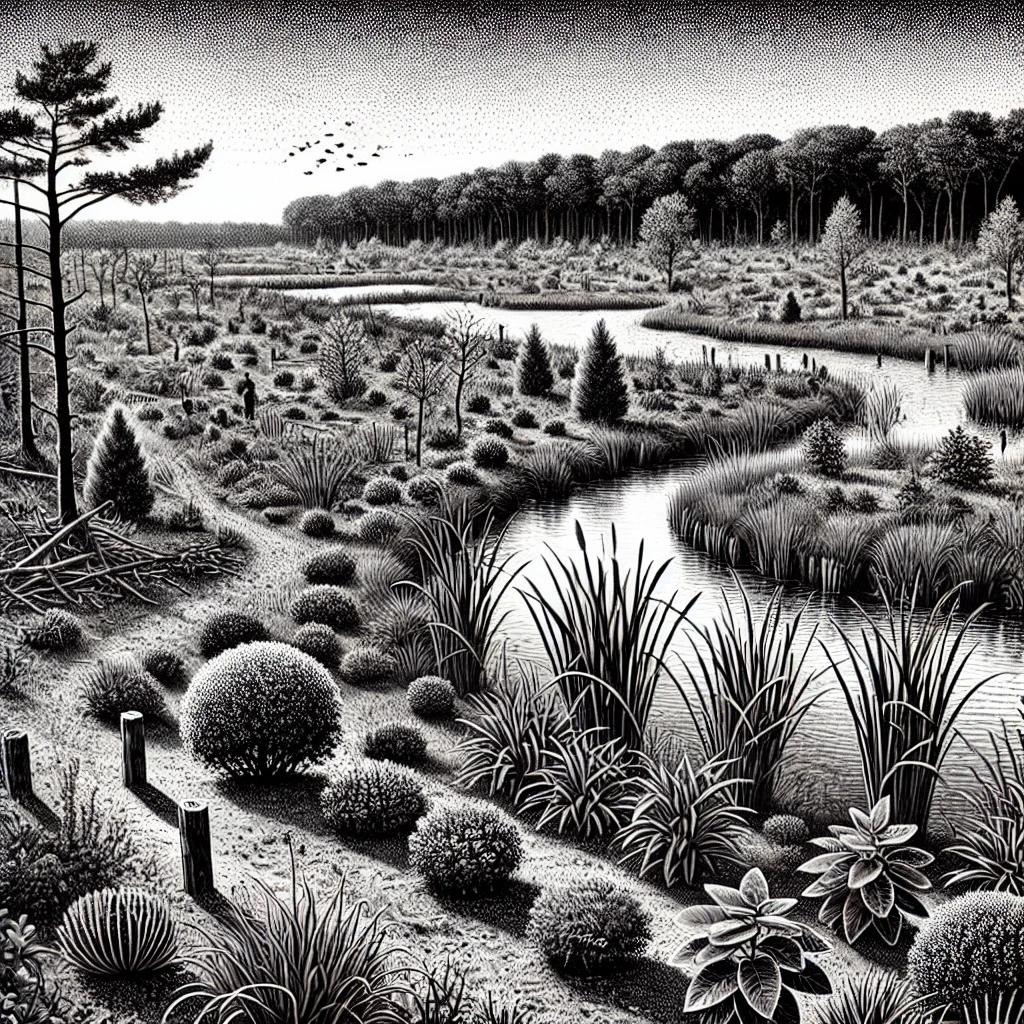 A black and white stipple illustration depicting a wetlands restoration scene. In the foreground, newly planted shrubs and native plants surround a partially restored wetland, with invasive plants like Phragmites in the background near a pond.