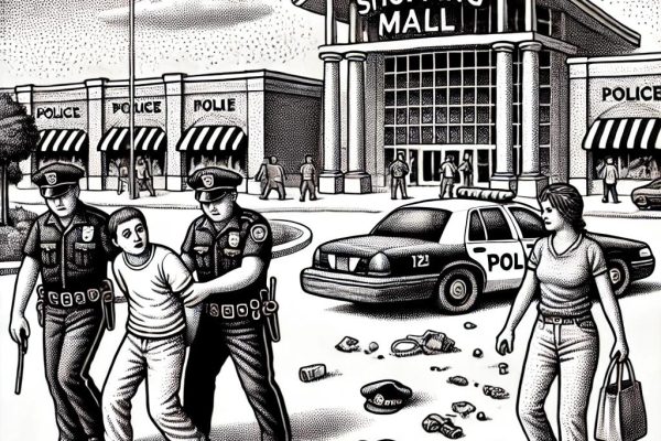 A black and white stipple art illustration showing a humorous scene of an arrest outside a shopping mall in Farmington, Connecticut, from September 6-10, 2024. The police officer holds handcuffs near the arrested individual, surrounded by scattered handbags, with curious onlookers observing the event. The background features suburban buildings and trees.