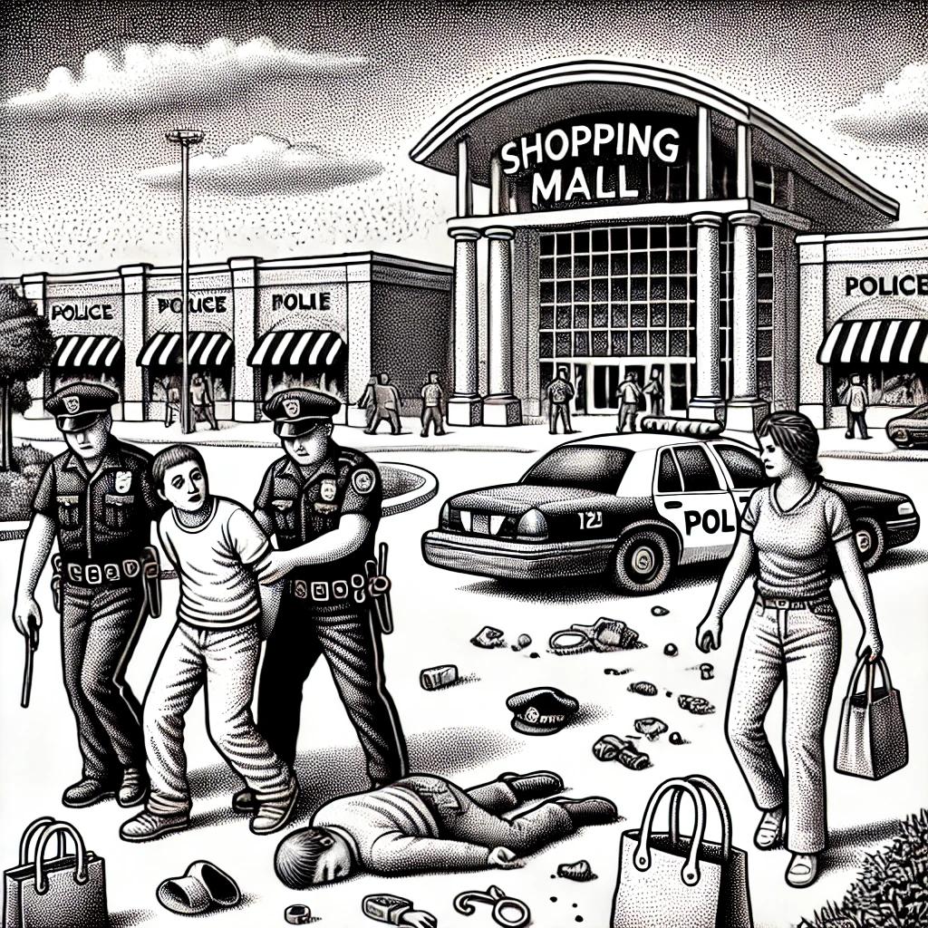 A black and white stipple art illustration showing a humorous scene of an arrest outside a shopping mall in Farmington, Connecticut, from September 6-10, 2024. The police officer holds handcuffs near the arrested individual, surrounded by scattered handbags, with curious onlookers observing the event. The background features suburban buildings and trees.