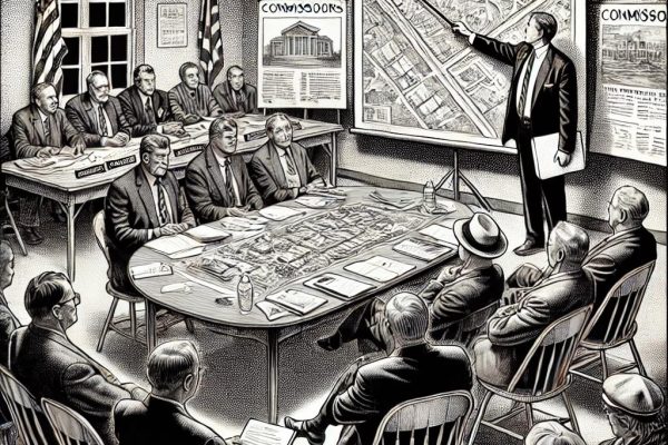 A black and white stipple-style illustration in the style of the Wall Street Journal, showing a public town meeting about a park restoration. A panel of commissioners sits at a table with papers, while an engineer points to a map on an easel. The background suggests a community setting.