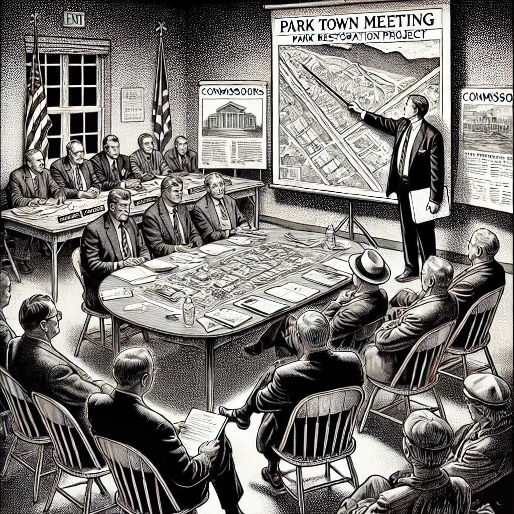 A black and white stipple-style illustration in the style of the Wall Street Journal, showing a public town meeting about a park restoration. A panel of commissioners sits at a table with papers, while an engineer points to a map on an easel. The background suggests a community setting.