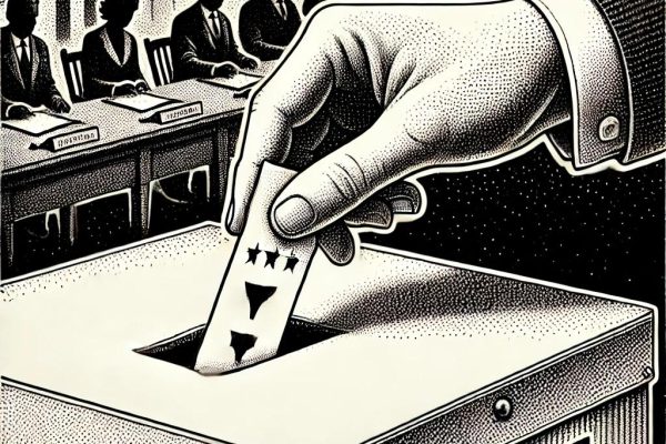 A detailed black and white stipple illustration of a hand placing a ballot into a box, with a background of a town hall or community meeting, highlighting the importance of primary voting and local civic engagement.