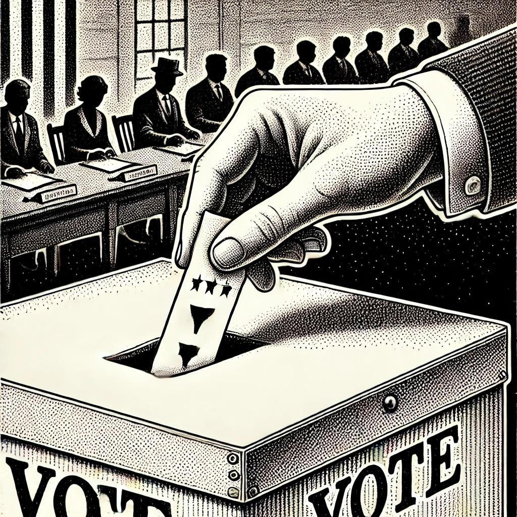 A detailed black and white stipple illustration of a hand placing a ballot into a box, with a background of a town hall or community meeting, highlighting the importance of primary voting and local civic engagement.