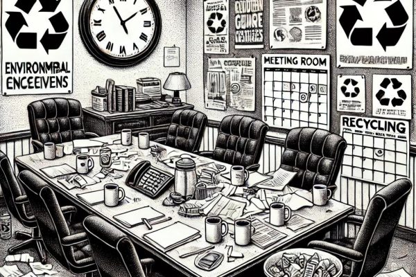 A black and white stipple illustration of a cluttered meeting room focused on environmental issues. The table is filled with scattered papers, coffee mugs, an open calendar, and a recycling bin nearby. Environmental posters and recycling symbols are pinned on the walls, and a large clock shows time ticking.