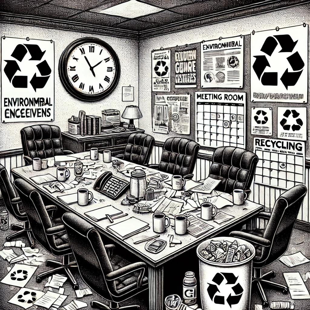 A black and white stipple illustration of a cluttered meeting room focused on environmental issues. The table is filled with scattered papers, coffee mugs, an open calendar, and a recycling bin nearby. Environmental posters and recycling symbols are pinned on the walls, and a large clock shows time ticking.