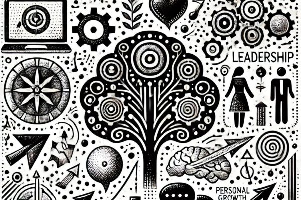 A black and white stipple style illustration featuring abstract symbols for communication, growth, and leadership. Elements include gears, arrows, speech bubbles, and a stylized tree, representing the concepts of growth, dialogue, and organizational efficiency in a detailed, intricate stippling art style