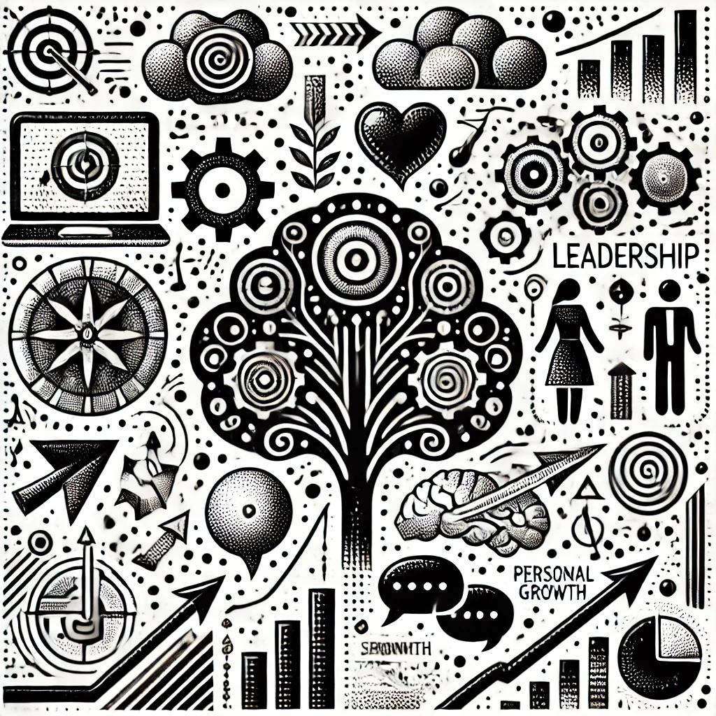 A black and white stipple style illustration featuring abstract symbols for communication, growth, and leadership. Elements include gears, arrows, speech bubbles, and a stylized tree, representing the concepts of growth, dialogue, and organizational efficiency in a detailed, intricate stippling art style