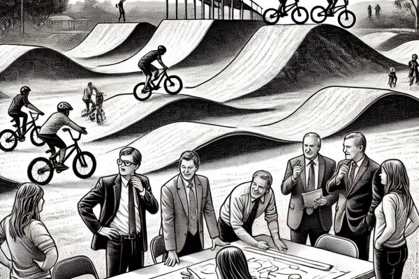 Black and white stipple-style illustration showing a group of people in a park discussing plans for a new pump track and trail system. Cyclists ride over small jumps on the pump track, while a skate park and trees can be seen in the distance. A table with architectural plans is in the foreground.