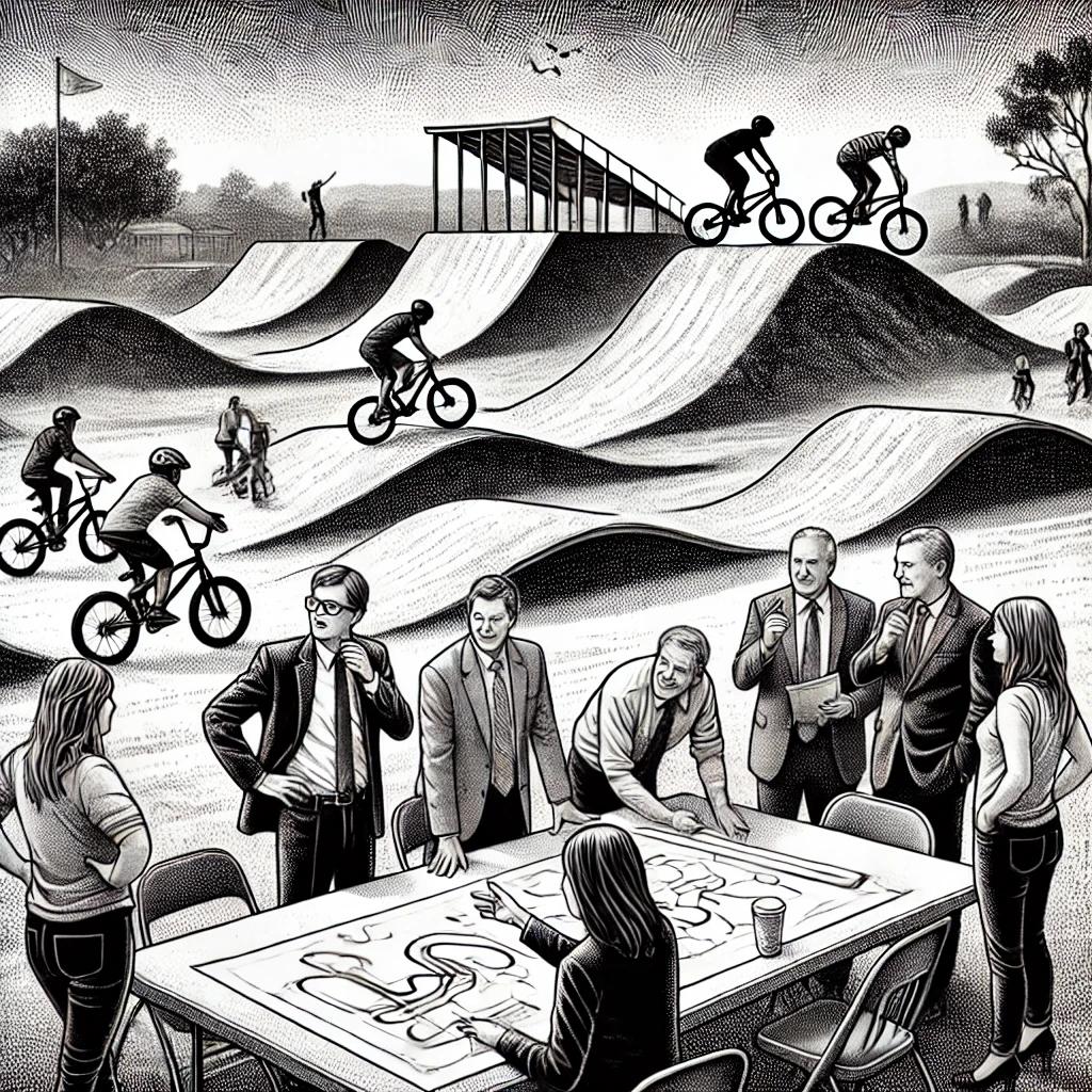 Black and white stipple-style illustration showing a group of people in a park discussing plans for a new pump track and trail system. Cyclists ride over small jumps on the pump track, while a skate park and trees can be seen in the distance. A table with architectural plans is in the foreground.