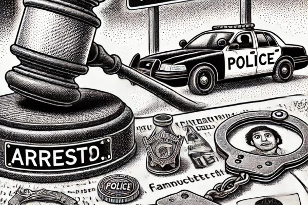 A stipple illustration in black and white humorously depicting various elements associated with arrests in Farmington, CT, including a gavel, handcuffs, police badge, and a Farmington road sign. The artwork uses stippling for texture and shading, reflecting the lighthearted tone of the news article.