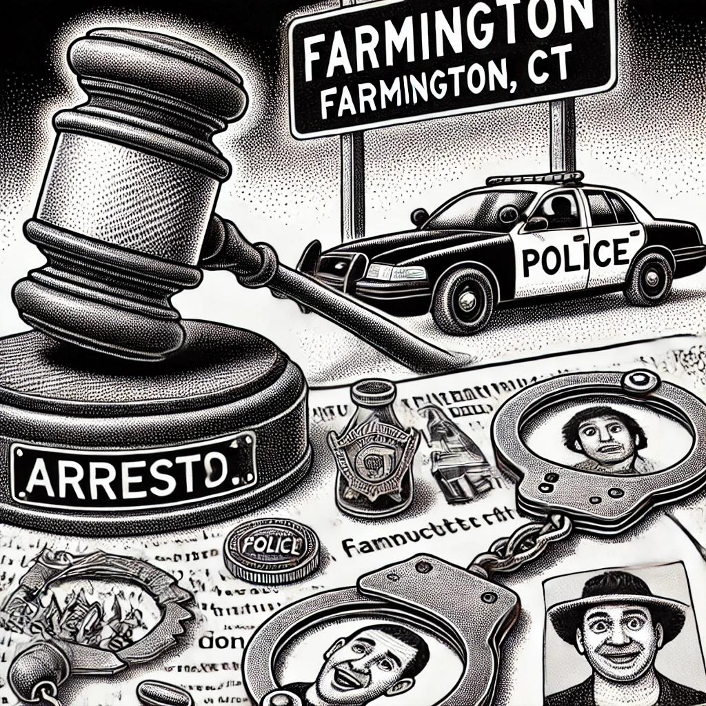 A stipple illustration in black and white humorously depicting various elements associated with arrests in Farmington, CT, including a gavel, handcuffs, police badge, and a Farmington road sign. The artwork uses stippling for texture and shading, reflecting the lighthearted tone of the news article.