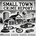 A black and white stipple illustration depicting small-town crime elements, including a police badge, handcuffs, a gavel, and a subtle storage facility in the background, styled like a vintage newspaper.