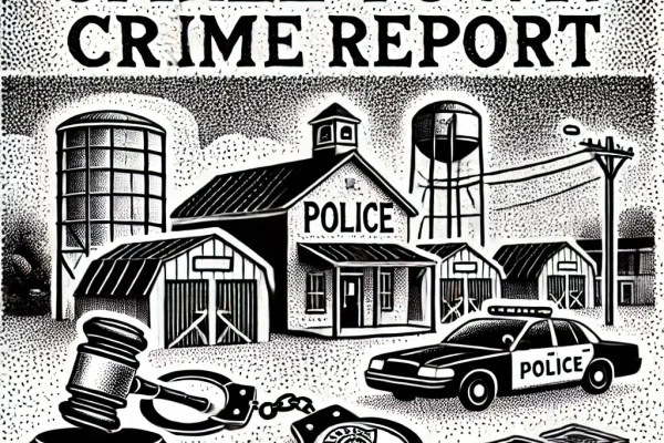 A black and white stipple illustration depicting small-town crime elements, including a police badge, handcuffs, a gavel, and a subtle storage facility in the background, styled like a vintage newspaper.