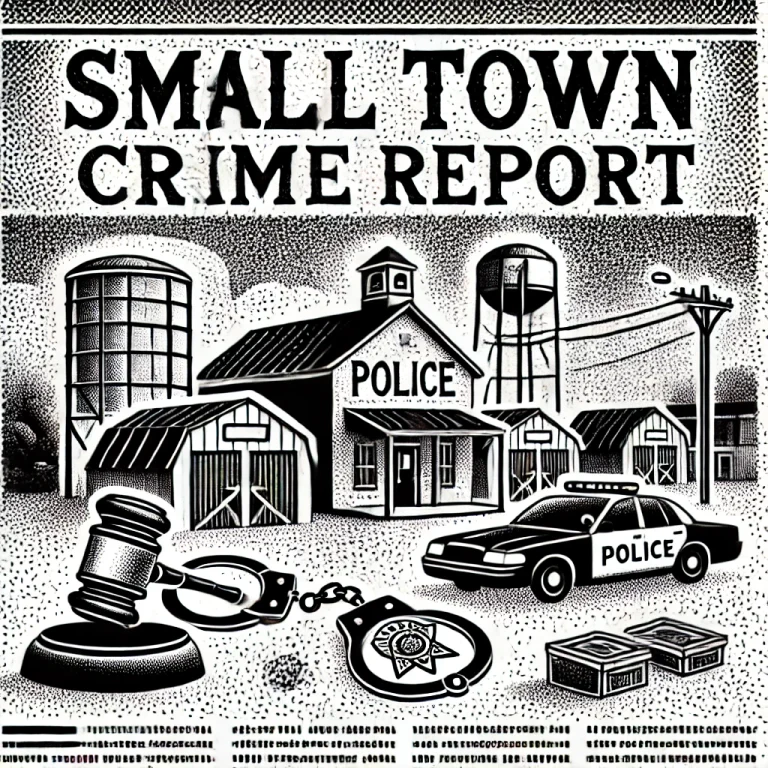 A black and white stipple illustration depicting small-town crime elements, including a police badge, handcuffs, a gavel, and a subtle storage facility in the background, styled like a vintage newspaper.