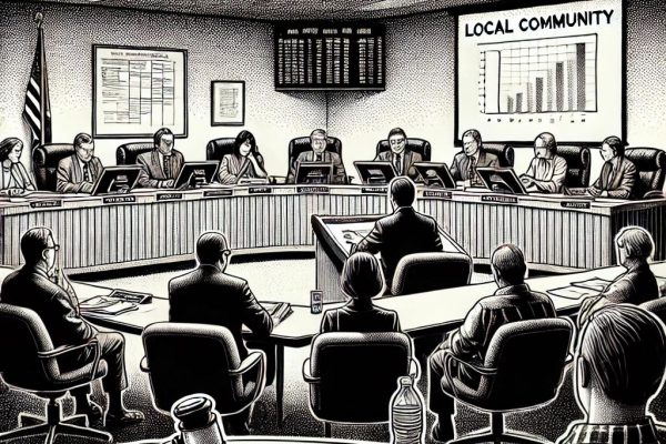 A detailed black and white stipple drawing illustrating a lively community board meeting, featuring board members engaged in discussion, a table with papers and a gavel, and an attentive audience watching closely.