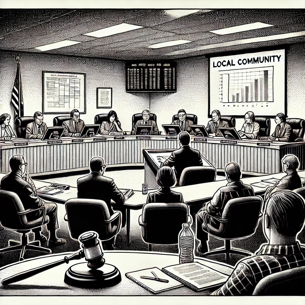 A detailed black and white stipple drawing illustrating a lively community board meeting, featuring board members engaged in discussion, a table with papers and a gavel, and an attentive audience watching closely.