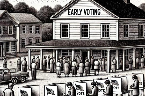 A detailed black-and-white illustration in stipple style, showing Farmington residents participating in early voting outside a town hall pavilion, symbolizing community engagement.