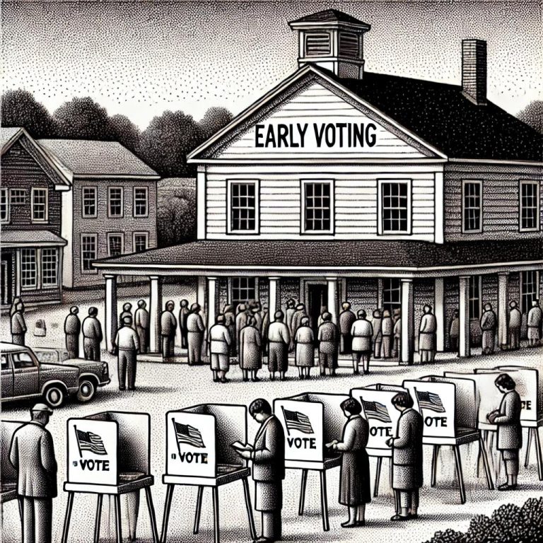 A detailed black-and-white illustration in stipple style, showing Farmington residents participating in early voting outside a town hall pavilion, symbolizing community engagement.