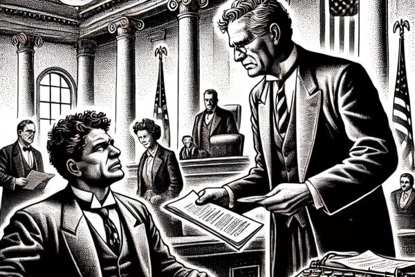 A dramatic black and white stipple illustration showing a tense 1984 political recount battle in Indiana's “Bloody Eighth” District, with two figures in heated confrontation, set against a courtroom-like backdrop with American flag and tall columns.