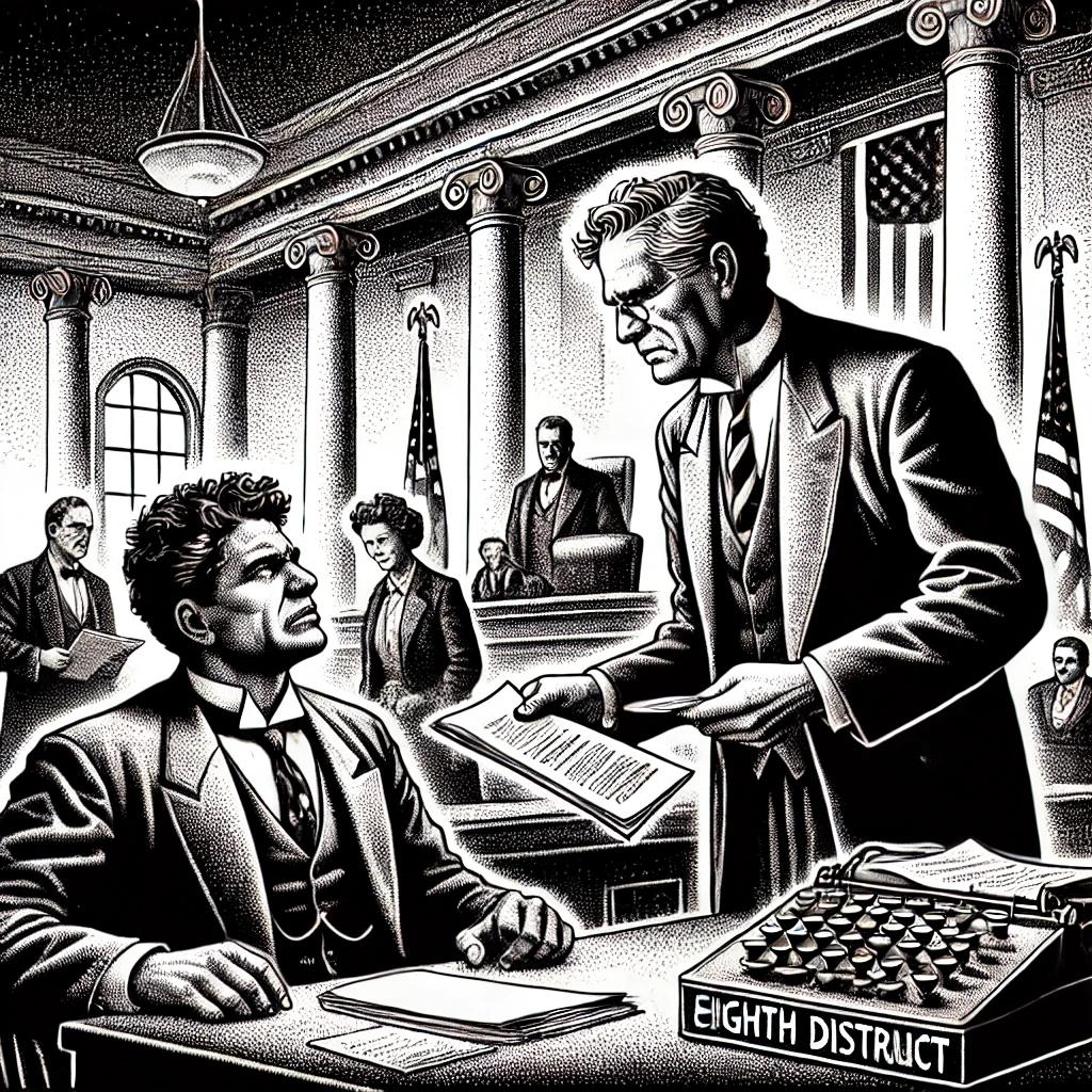 A dramatic black and white stipple illustration showing a tense 1984 political recount battle in Indiana's “Bloody Eighth” District, with two figures in heated confrontation, set against a courtroom-like backdrop with American flag and tall columns.