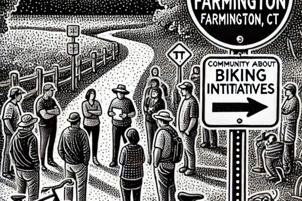 Black and white stipple-style illustration capturing the lively spirit of a community meeting on biking initiatives in Farmington, CT, featuring abstract figures in discussion, a bicycle, and a trail sign in a park setting.