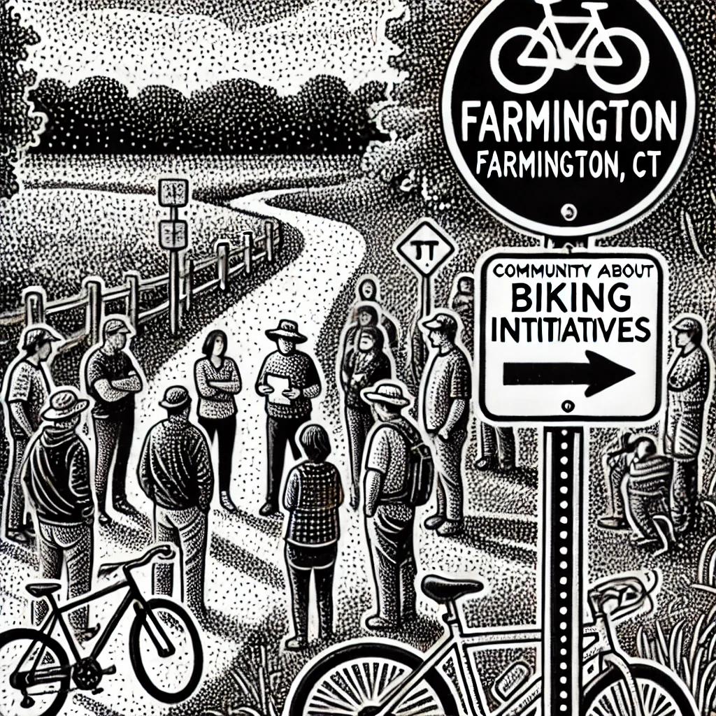 Black and white stipple-style illustration capturing the lively spirit of a community meeting on biking initiatives in Farmington, CT, featuring abstract figures in discussion, a bicycle, and a trail sign in a park setting.