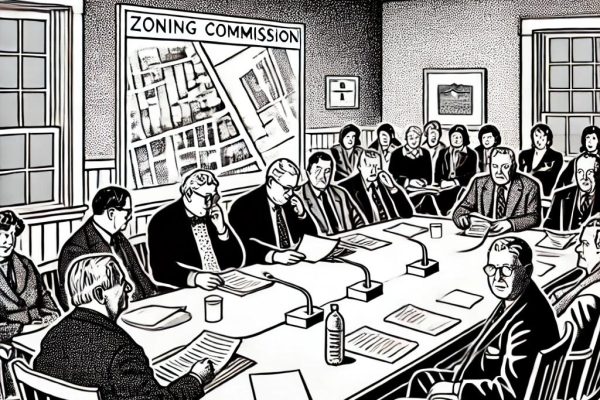 Black and white stipple illustration of a small town zoning commission meeting, with several officials seated at a long table discussing documents, reflecting local government decision-making in a classic newspaper style.