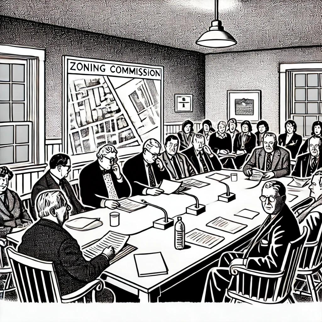 Black and white stipple illustration of a small town zoning commission meeting, with several officials seated at a long table discussing documents, reflecting local government decision-making in a classic newspaper style.