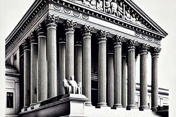 Stipple illustration of the U.S. Supreme Court in black and white, showcasing its grand columns and classic architecture in detailed shading.