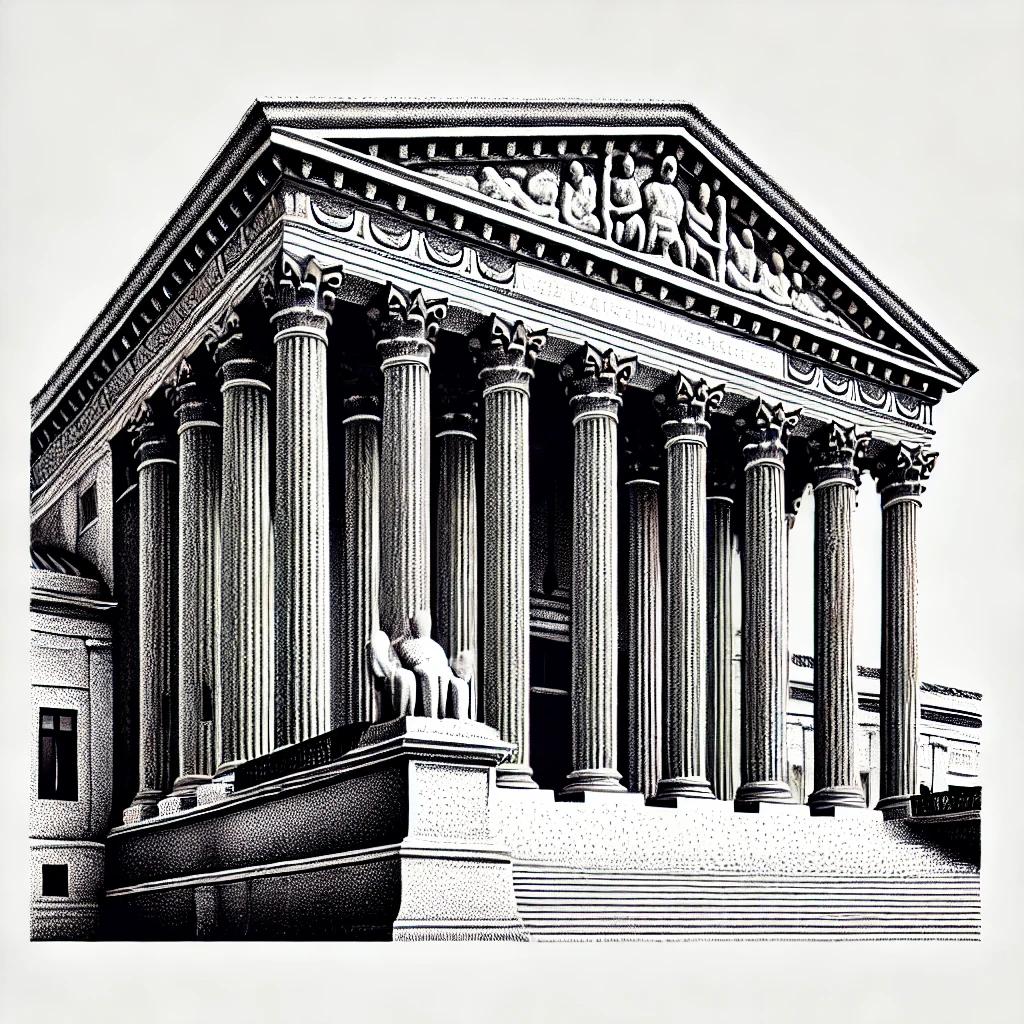 Stipple illustration of the U.S. Supreme Court in black and white, showcasing its grand columns and classic architecture in detailed shading.