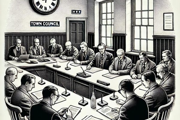 Stippled illustration in black and white of a lively town council meeting, with participants engaged in animated discussions at a long table. The background features windows and a clock, adding a sense of time and place.