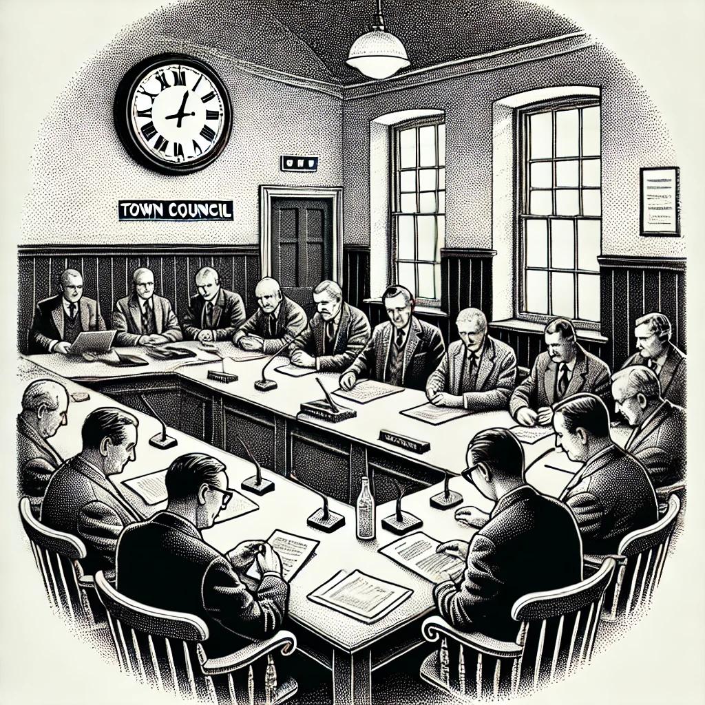 Stippled illustration in black and white of a lively town council meeting, with participants engaged in animated discussions at a long table. The background features windows and a clock, adding a sense of time and place.