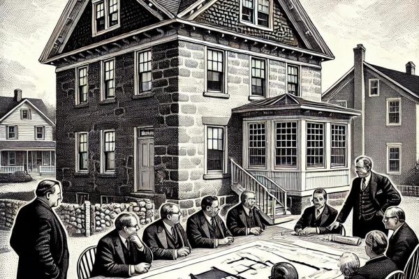 Stipple-style black and white illustration depicting a historic district commission meeting on October 10, 2024, with a detailed discussion of a two-story house addition. Architectural plans are spread across a table, with figures discussing roof vents and brownstone materials.