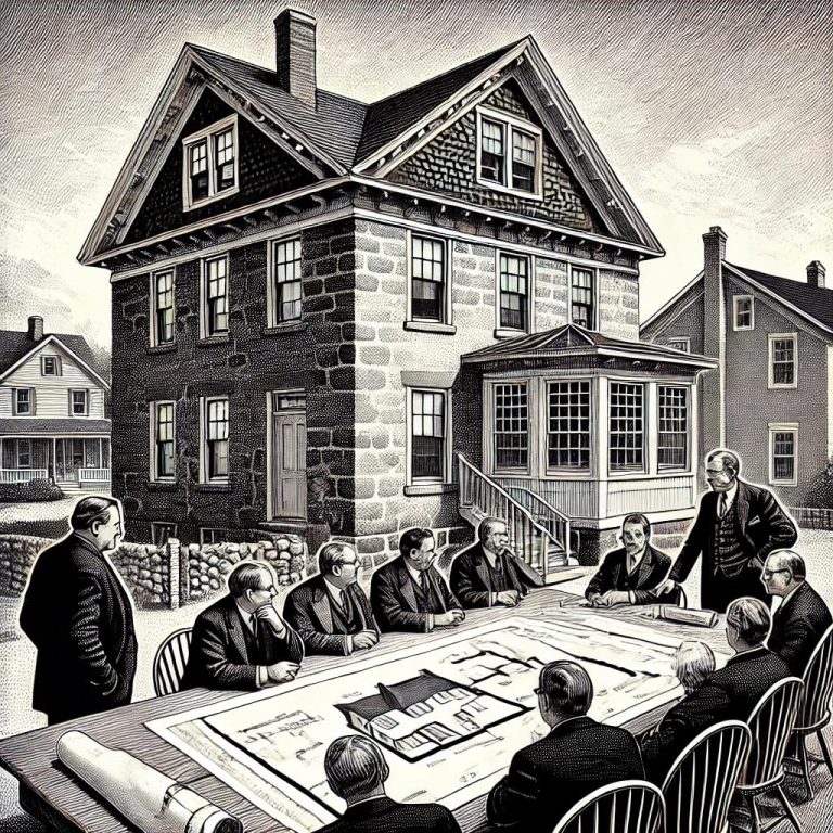 Stipple-style black and white illustration depicting a historic district commission meeting on October 10, 2024, with a detailed discussion of a two-story house addition. Architectural plans are spread across a table, with figures discussing roof vents and brownstone materials.