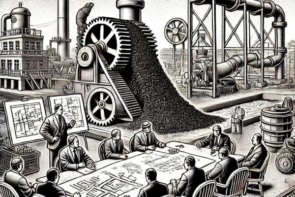 Black and white stipple-style illustration of a Water Pollution Control Authority meeting on October 9, 2024, with figures discussing sewer systems, a grinder (Muffin Monster), and architectural plans. A pump station and water flow gauge are visible in the background.