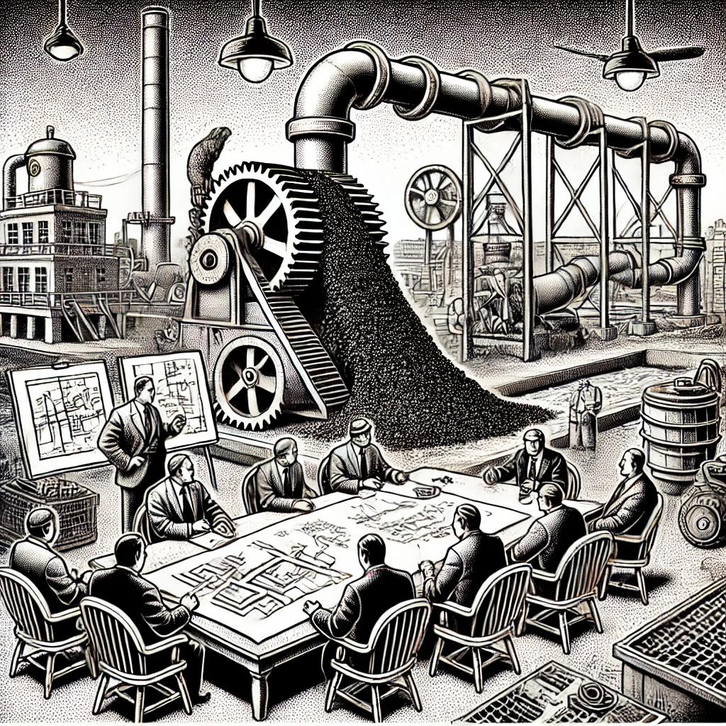 Black and white stipple-style illustration of a Water Pollution Control Authority meeting on October 9, 2024, with figures discussing sewer systems, a grinder (Muffin Monster), and architectural plans. A pump station and water flow gauge are visible in the background.