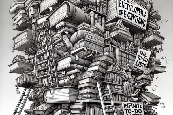 A comical black and white caricature of a giant bookshelf struggling to hold overly large, chaotic books, many of which are leaning dangerously at odd angles. Papers and bookmarks stick out in all directions, and some books have funny titles like 'The Encyclopedia of Everything' and 'Infinite To-Do Lists.'