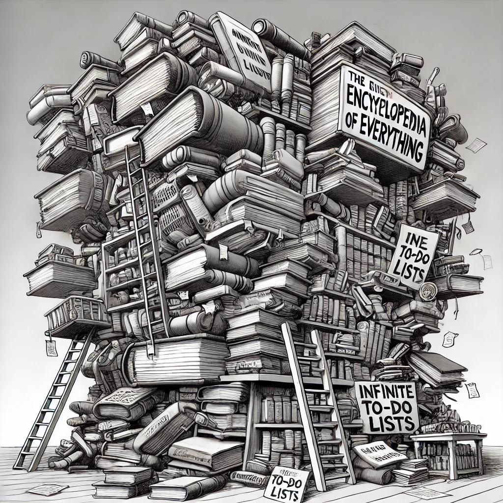 A comical black and white caricature of a giant bookshelf struggling to hold overly large, chaotic books, many of which are leaning dangerously at odd angles. Papers and bookmarks stick out in all directions, and some books have funny titles like 'The Encyclopedia of Everything' and 'Infinite To-Do Lists.'