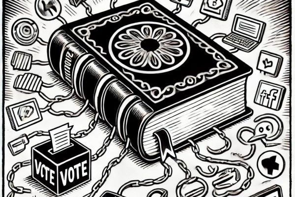 A bold, black-and-white editorial cartoon featuring an oversized book chained to a voting ballot box. Surrounding the book are chaotic symbols of modern distractions, including TV screens, social media icons, and a smartphone.