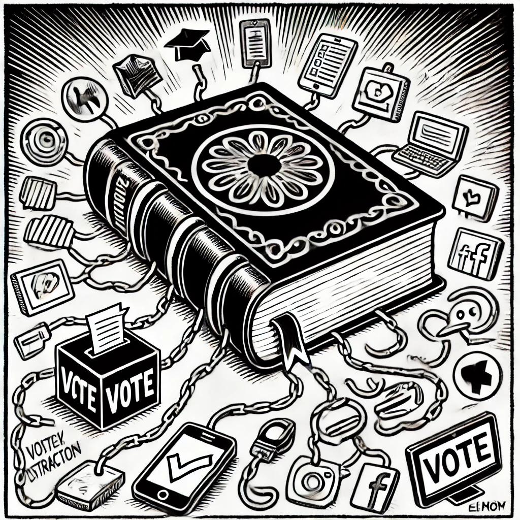 A bold, black-and-white editorial cartoon featuring an oversized book chained to a voting ballot box. Surrounding the book are chaotic symbols of modern distractions, including TV screens, social media icons, and a smartphone.